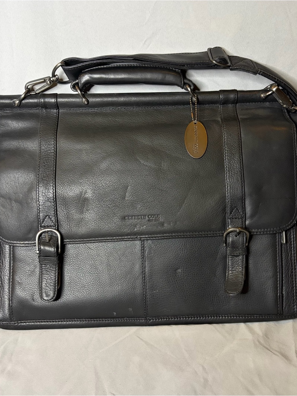 Kenneth Cole Black Leather Buckle-Front Briefcase